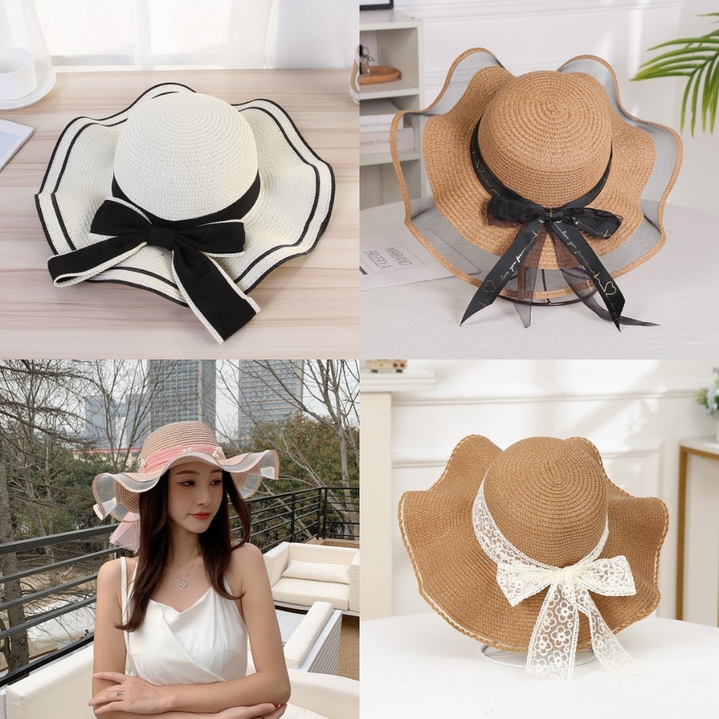 Jual Topi Pantai Wanita Gelombang Topi Bundar Aksen Pita Cantik / Topi ...
