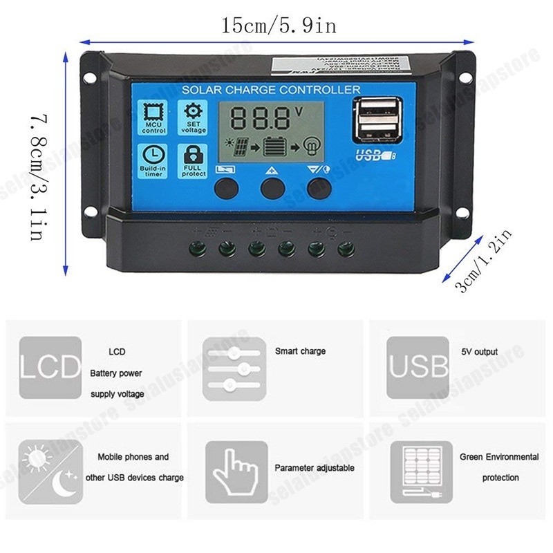 Jual Solar Charge Controller LCD LED Display Solar PWM 12V/24V 10A 20A ...
