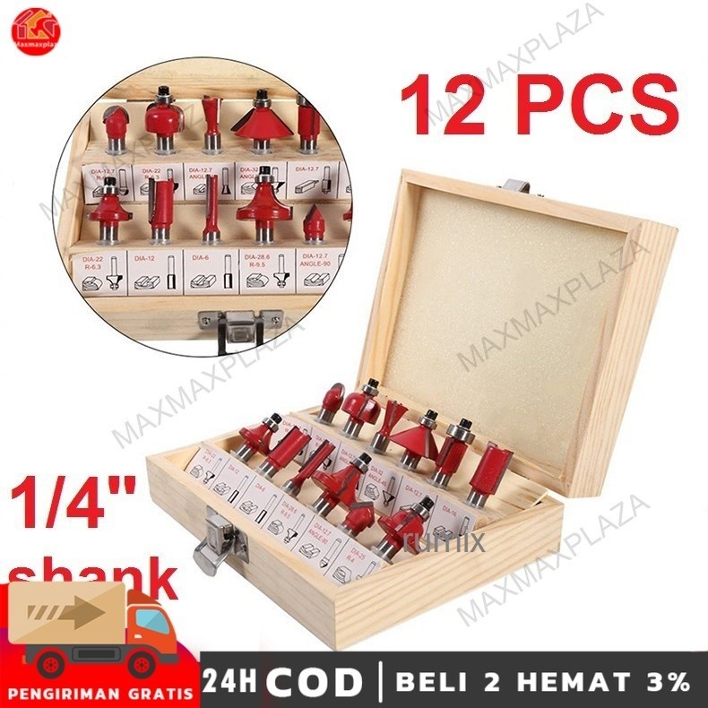 Jual Mata Profil Set 12pcs Trimmer Router Bits Set 1/4” Kayu Router ...