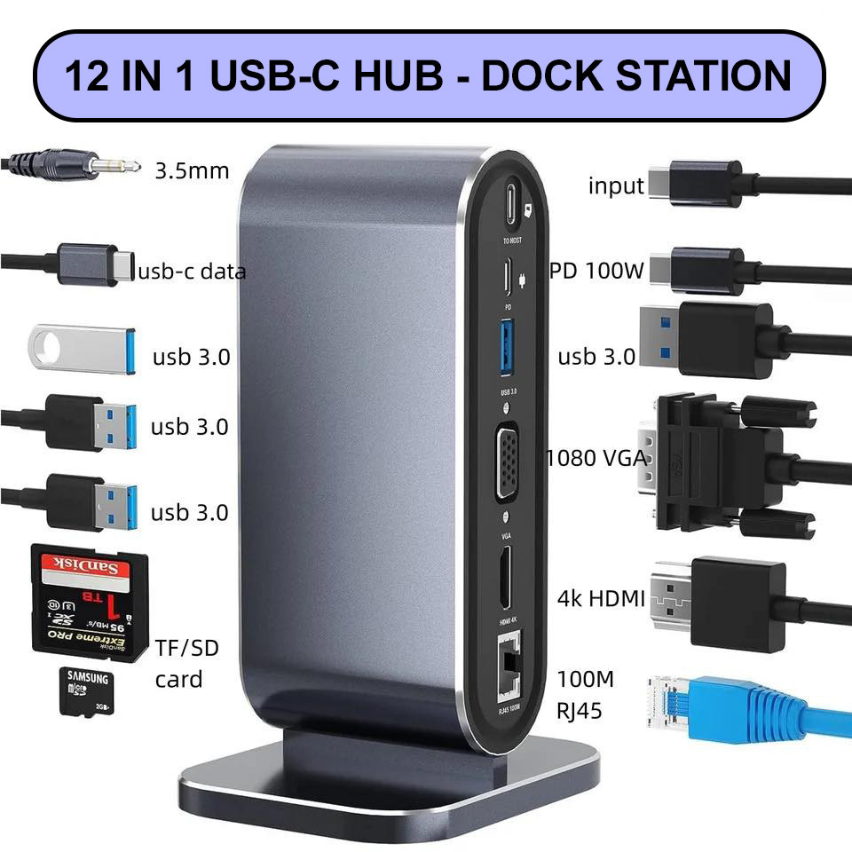 Gambar produk LENOTCH 12 In 1 USB Hub Dock Station Type-C 4K HD Compatible RJ45 HDMI VGA USB SD / TF Card Reader PD Fast Charge USB Adapter Audio 3.5Mm 1