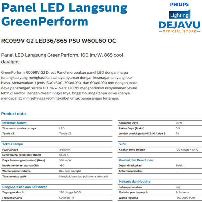 Jual Lampu Slim Panel Philips RC099V G2 LED36/865 PSU W60L60 OC (850/ ...