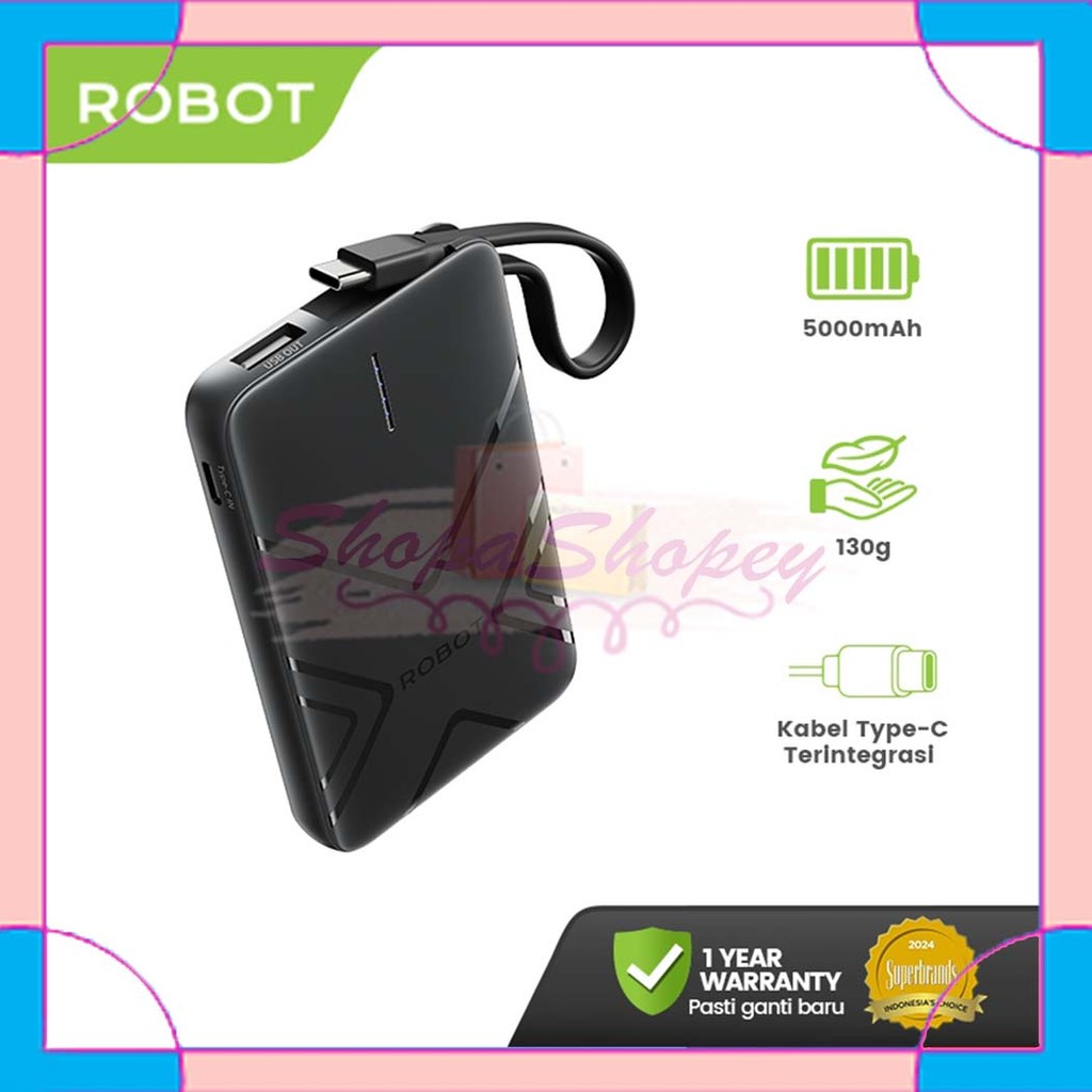 ROBOT RT07 Mini Powerbank 5.000mAh 18.5Wh With Cable USB to Type C - Garansi Resmi 1 Tahun