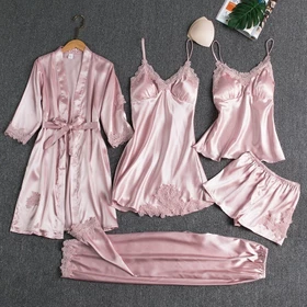 Baju Tidur Satin Wanita High Quali Piyama Set Sexy Kimono 5In1 Baju Tidur Satin Wanita Baju