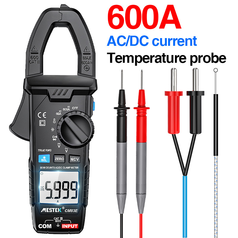MESTEK Pince Ampèremétrique Numérique AC/DC, 600A Multimètre Automatique T- RMS 6000counts, Voltmètre Amperemetre Mesure Courant Tension Résistance Température Diode Continuité Hz Capacité NCV