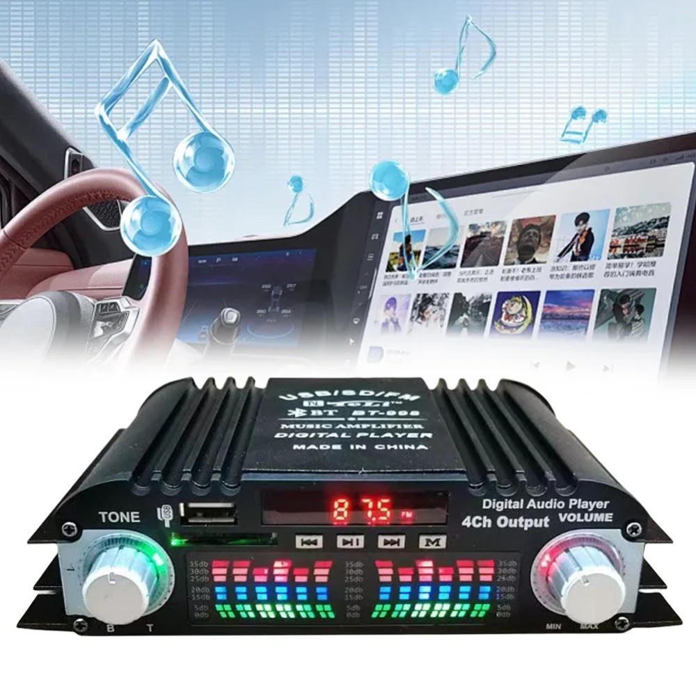 Amplificador de Potência para Carro com Bluetooth, Sistema de Áudio Estéreo, 4 Canais de Voz, Rádio FM, Leitor U Disk e Fonte DC 12V - Modelo BT -998
