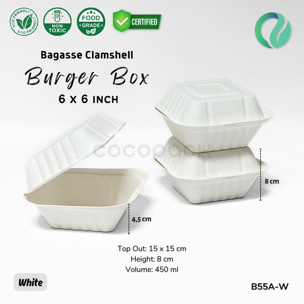 Jual (25PCS) Bagasse Clamshell 6" 450ml Burger Box Sugarcane Food ...
