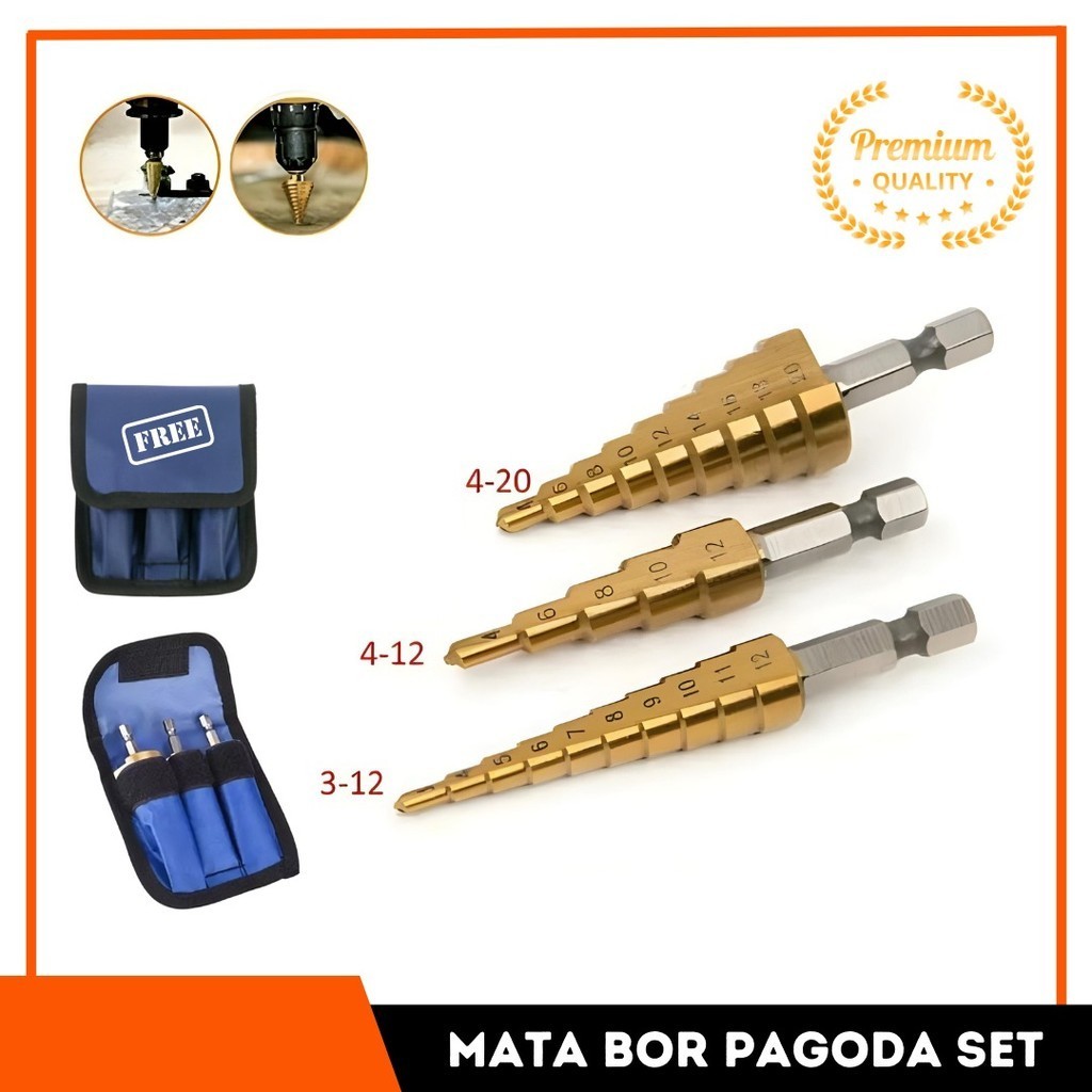 Jual Mata Bor Pagoda SET 3 Pcs 3-12 4-20 4-12 Step Bit Drill Bits Cone ...