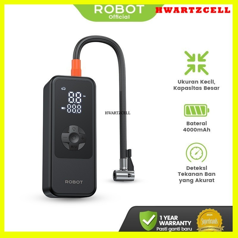 ROBOT Pompa Ban Mini portabel Kendaraan Mobil/Truk/Motor/Bola Mini 4000mAh LED Display Deteksi Akurat RIP01 Original - Garansi 1 Tahun