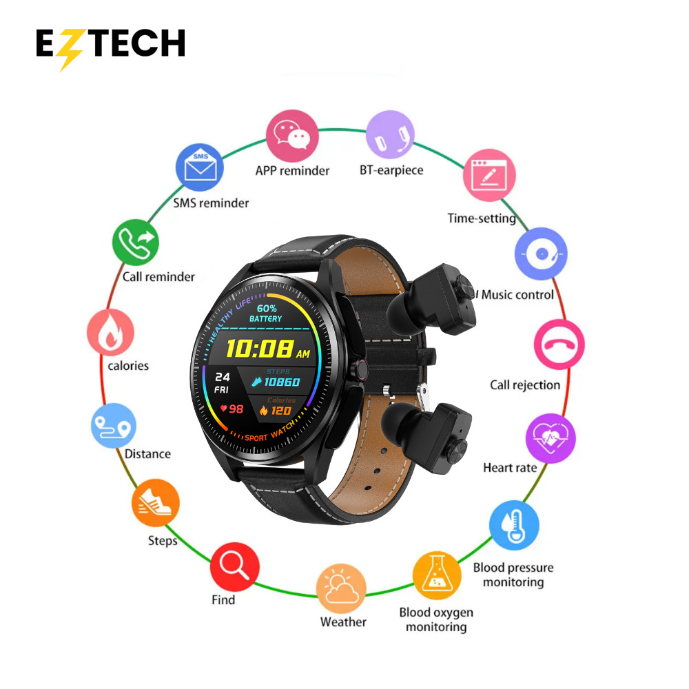 Jual EZTECH T95 Smartwatch Metal Frame Earphone built-in 2IN1 Heart ...