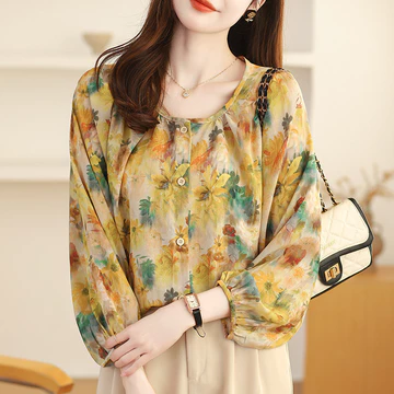 TianShun High Quality Yellow Printings Shirt Thailand Women Long Sleeve Casual Chiffon Fashion