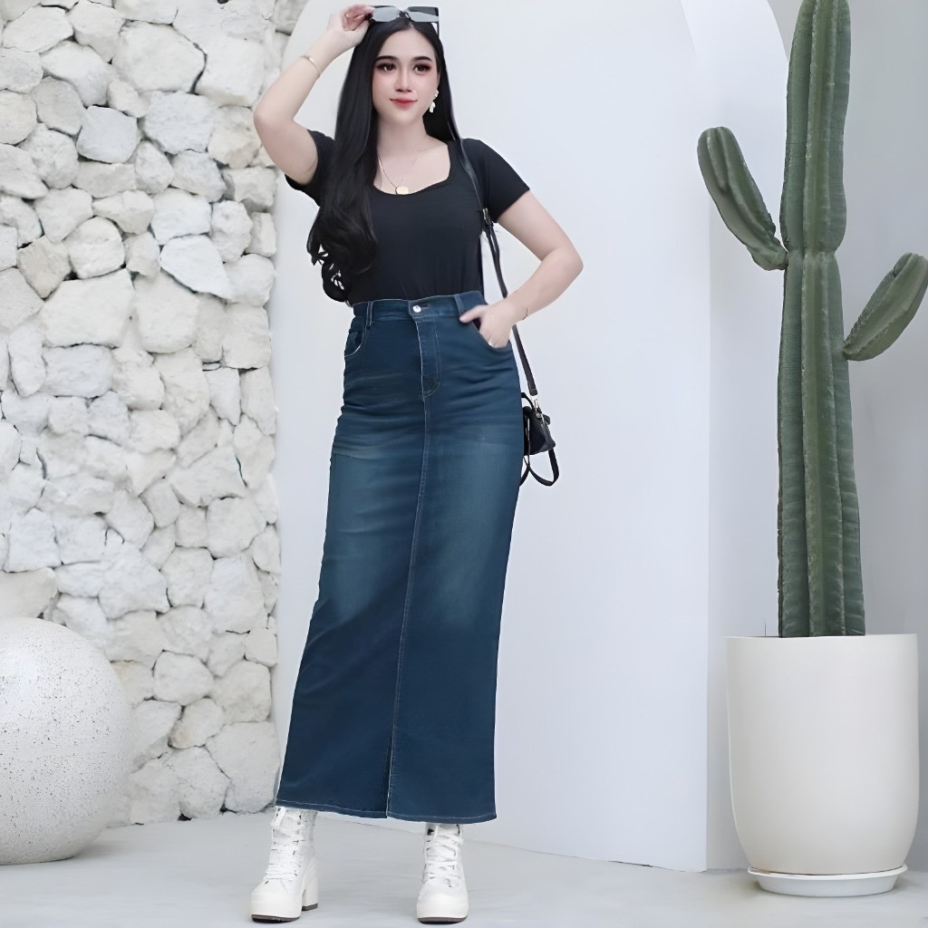 Jual Rok Rebecca Jeans Highwaist Panjang Wanita Type Kancing Belah ...