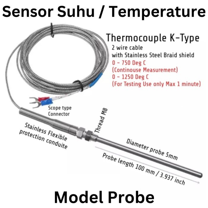 Jual Sensor Suhu Thermocouple Type K 2 Wire Model Probe Panjang M8 ...