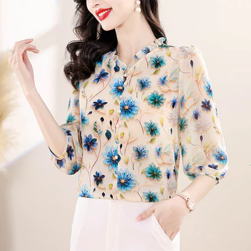 Bebovizi Blus Lengan 3 4 Korea Fashion Kerja Kasual Motif Sifon Atasan Wanita