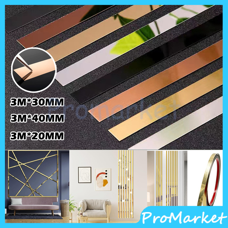 Jual List Plat Strip Mirror Gold 3M Stiker Dinding Garis Datar Bahan ...