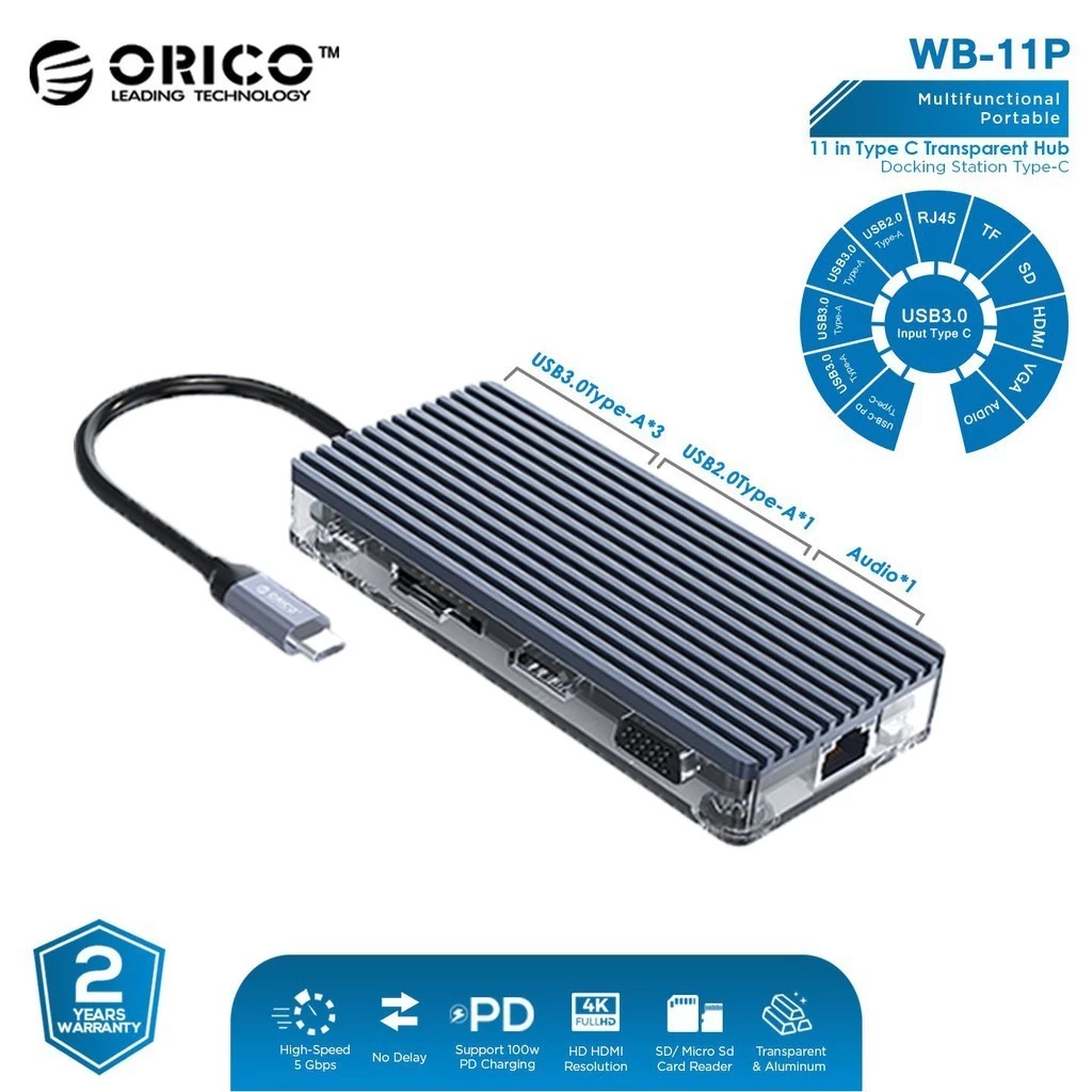 ORICO 11in1 Type C Hub USB 3.0 2.0 HDMI VGA Audio RJ45 TF SD - WB-11P