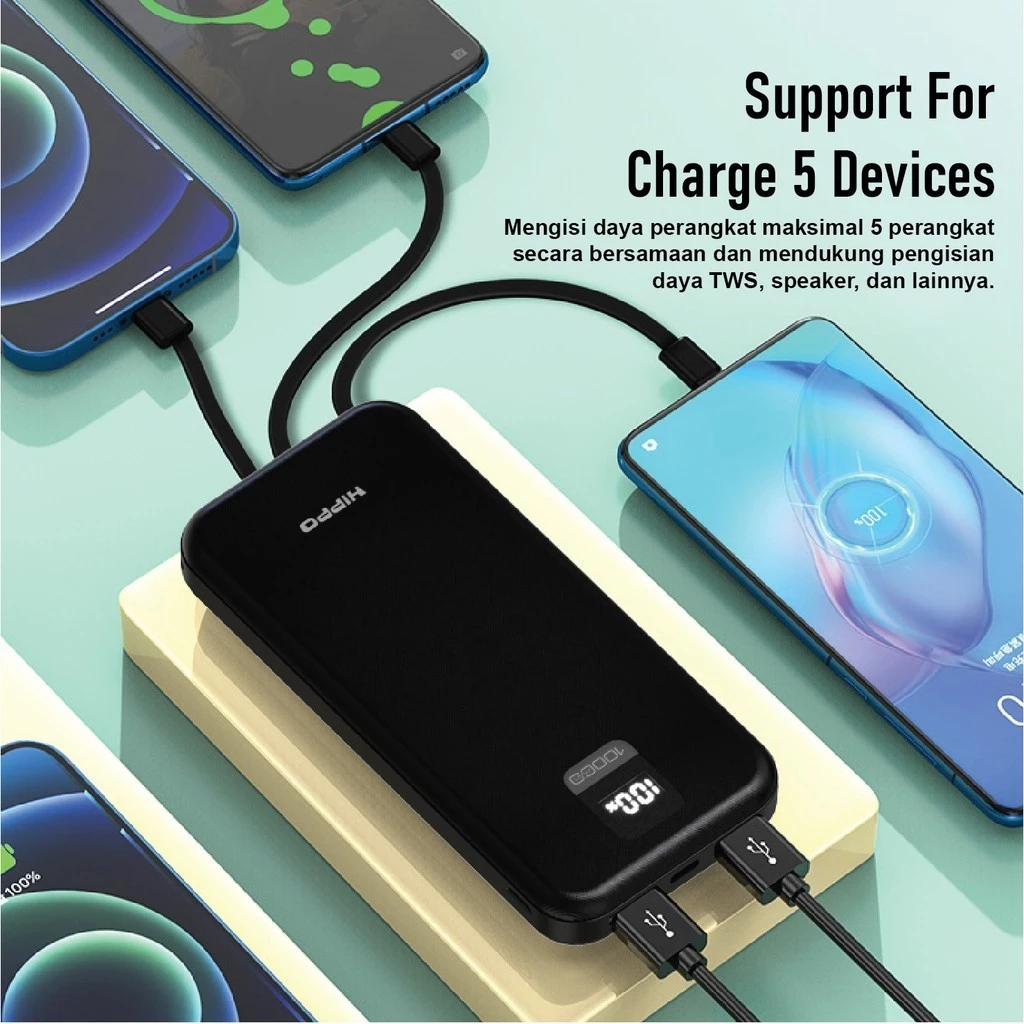 Hippo Powerbank Coral2 10000MAH BLACK Output 2.4A Smart Detect Charger Flight Friendly Power Bank
