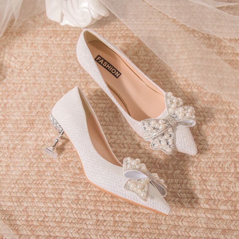 Silver Wedding Shoes Bridal Shoes 2024 New High end Main Wedding Dress  Xiuhe Crystal Shoes Fairy Style High Heel Shoes Women's Thin Heels