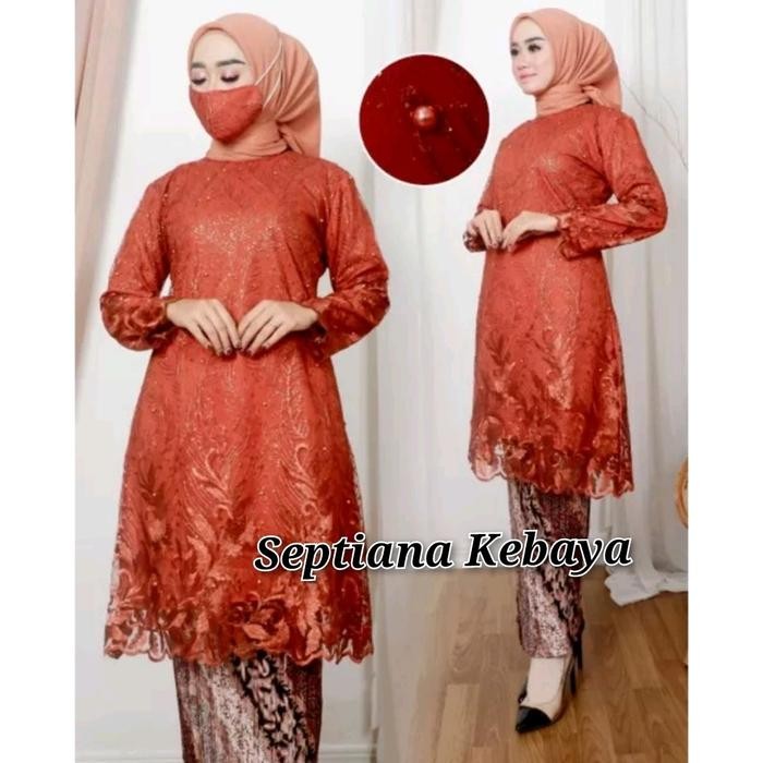 Jual set kebaya couple warna terakota - baju batik couple merah bata ...