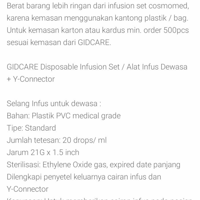 Jual Infusion Set Adult TYPE Y GIDCARE ONEMED HEALTHCARE Selang Infus ...