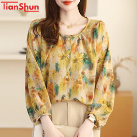 TianShun High Quality Yellow Printings Shirt Thailand Women Long Sleeve Casual Chiffon Fashion