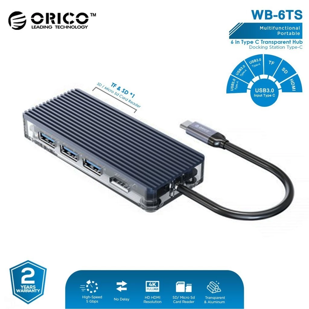 ORICO 6in1 Type C Hub USB 3.0 HDMI TF SD - WB-6TS