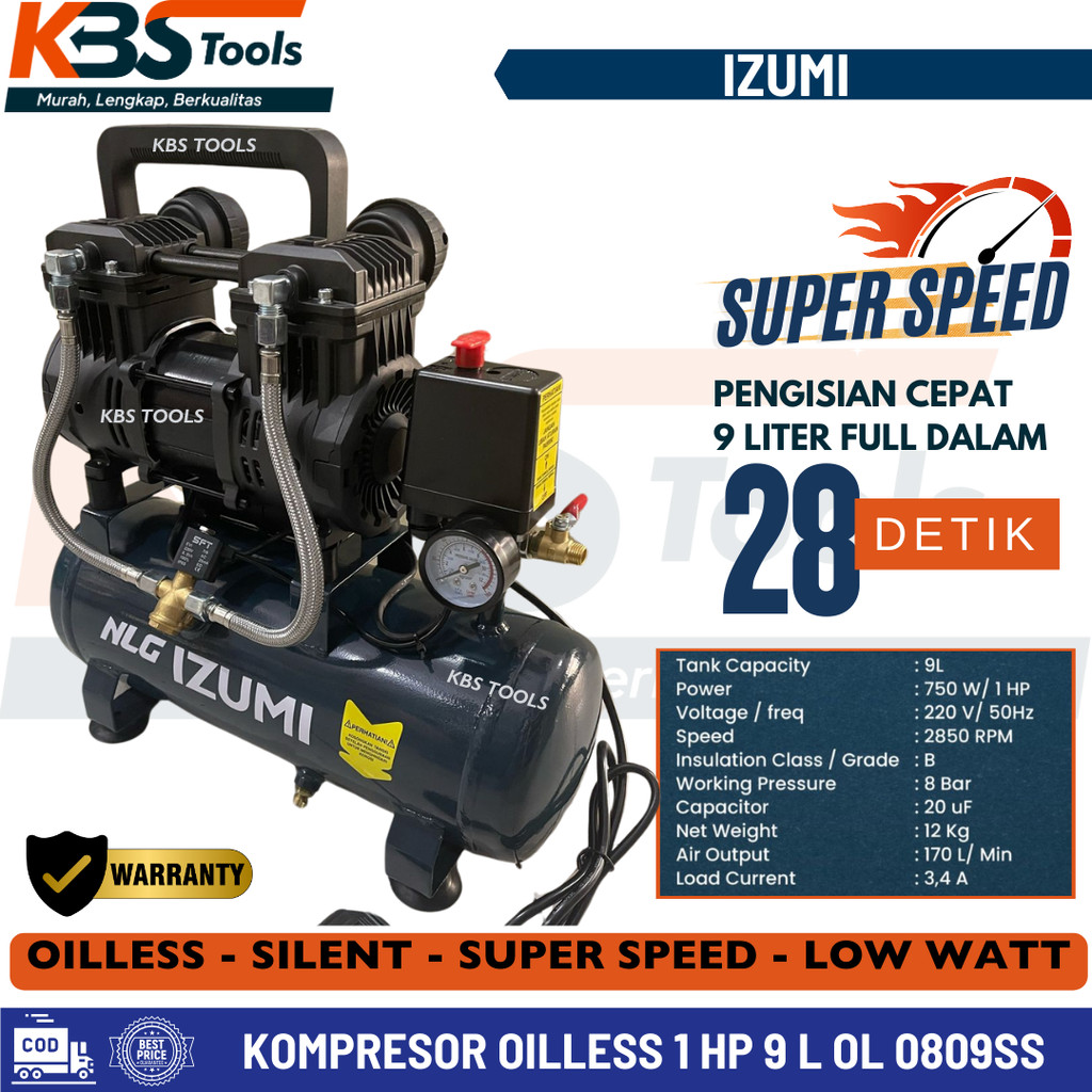 Jual Mesin Kompresor Angin Listrik NLG IZUMI OL0809SS Oilless Mini ...