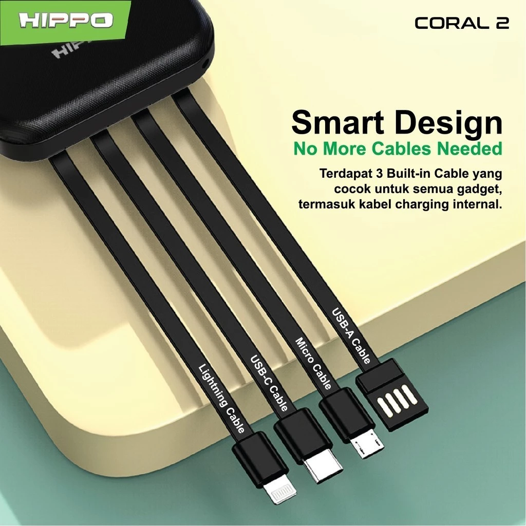 Hippo Powerbank Coral2 10000MAH BLACK Output 2.4A Smart Detect Charger Flight Friendly Power Bank