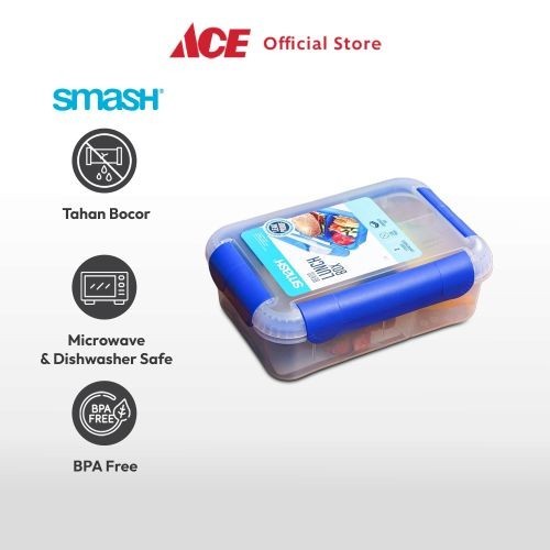 Ace Smash 1.6 ltr Kotak Makan 3 Sekat Bento Safe - Biru Navy Lunch Box Food Grade Food Box Dengan Clip Kotak Bekal Makan Bpa Free Wadah Makanan