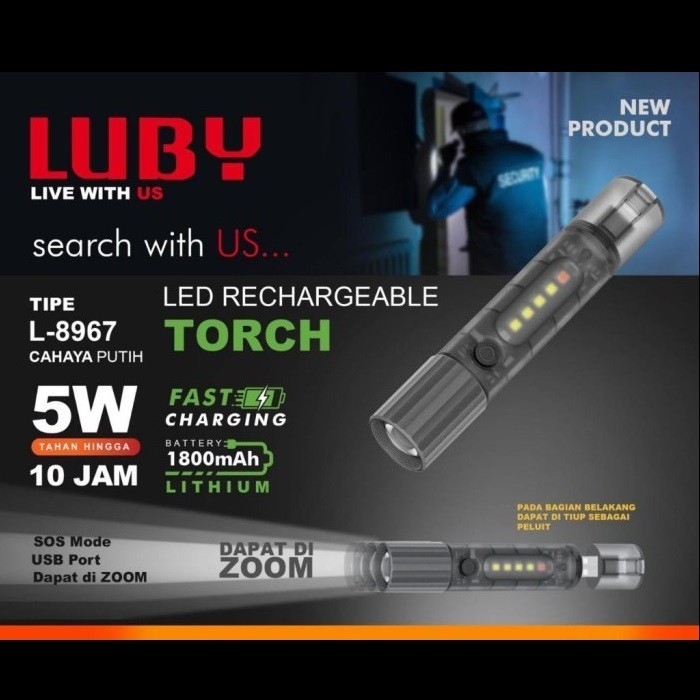 Jual SENTER LUBY 8967 | Senter USB Luby 5 Watt 8967 Cahaya Putih ...