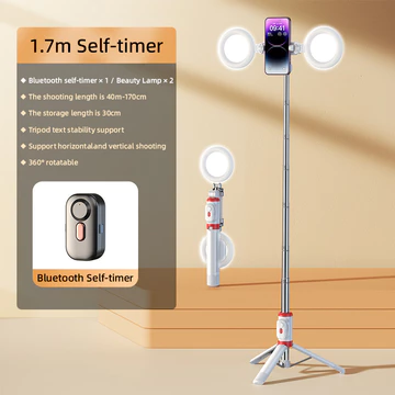 Goojodoq Selfie Stick Live Tripod Bluetooth Selfie 1.7m Stainless Steel Fill Light Rotatable