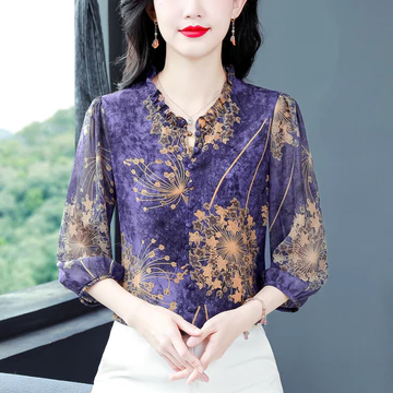Bebovizi Blus Lengan 3 4 Korea Fashion Kerja Kasual Motif Sifon Atasan Wanita