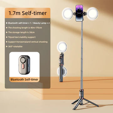 Goojodoq Selfie Stick Live Tripod Bluetooth Selfie 1.7m Stainless Steel Fill Light Rotatable