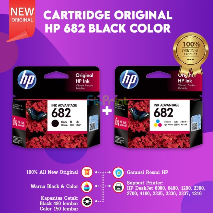 Jual HP Cartridge Tinta 682 Black Color Original Printer Deskjet 6000 ...