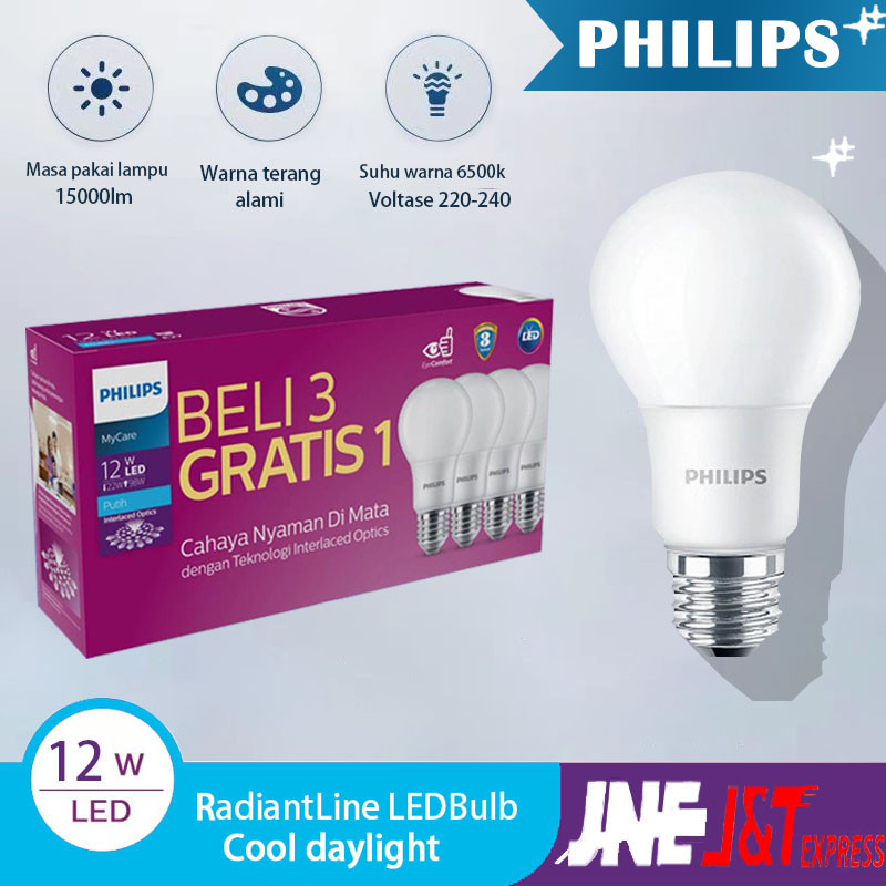 Lampu led philips  3 gratis 1 Paket 14.5 Watt 8W 12W 6500K  Cahaya nyaman  low loss rumah Led Bulb