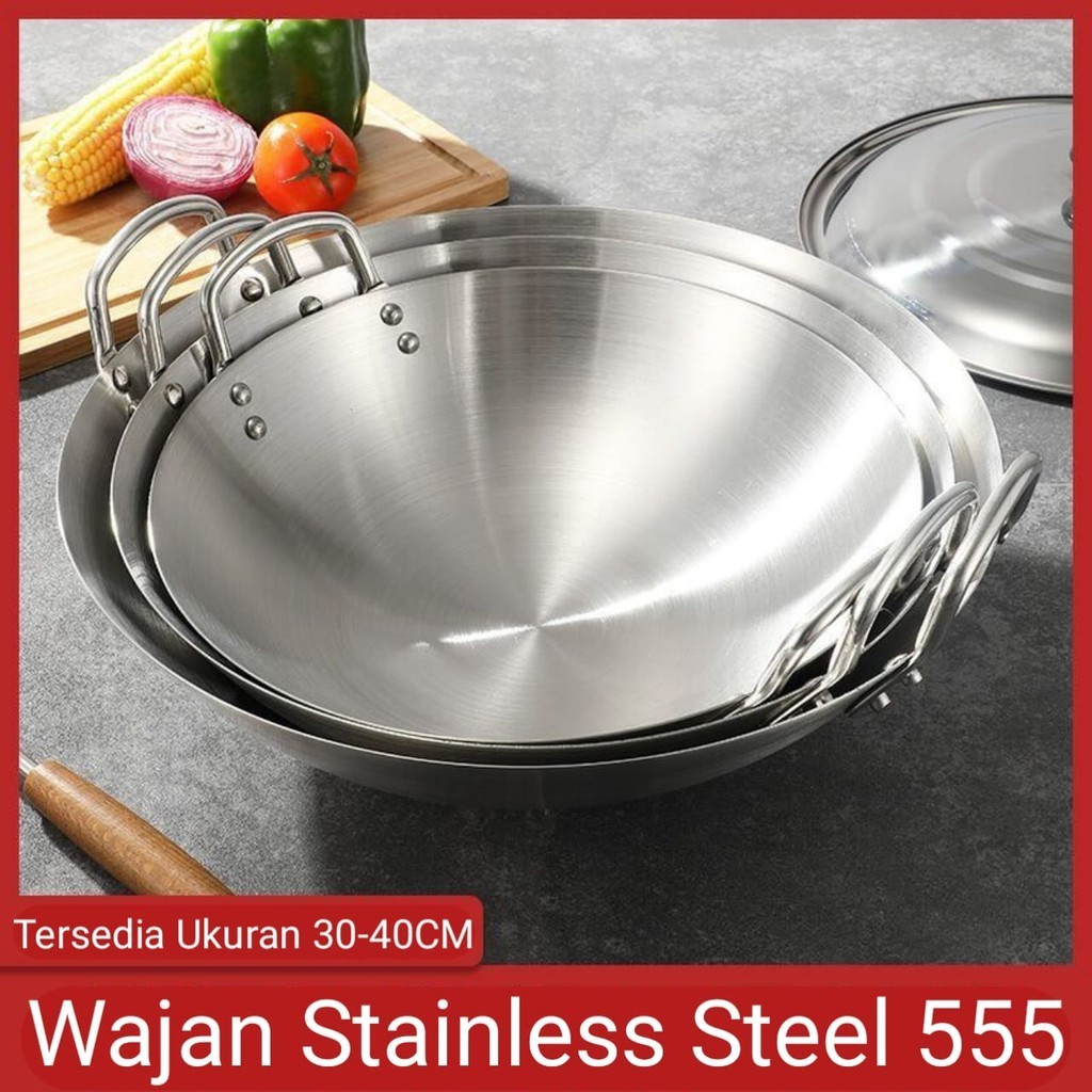 Jual Wajan Stainless 555 Premium Tebal Kuali Penggorengan Wok Dengan 6 ...