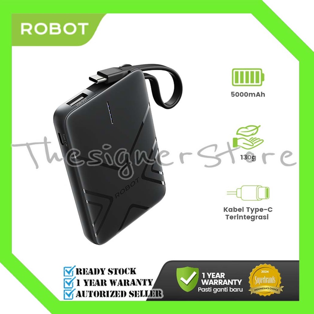 ROBOT RT07 Smart Mini Powerbank 5.000mAh 18.5Wh With Cable USB to Type C - Garansi Resmi 1 Tahun