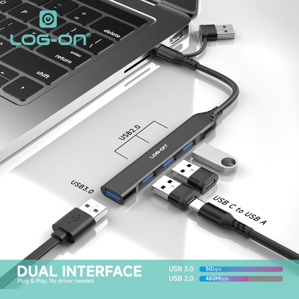 Jual LOG ON 4IN1 USB HUB TYPE-C DAN USB LO-HUB06 | Shopee Indonesia