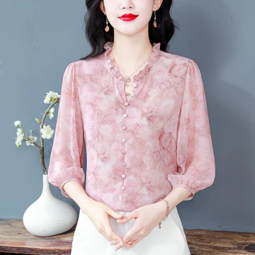 Bebovizi Blus Lengan 3 4 Korea Fashion Kerja Kasual Motif Sifon Atasan Wanita