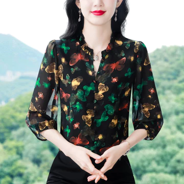 Bebovizi Blus Lengan 3 4 Korea Fashion Kerja Kasual Motif Sifon Atasan Wanita