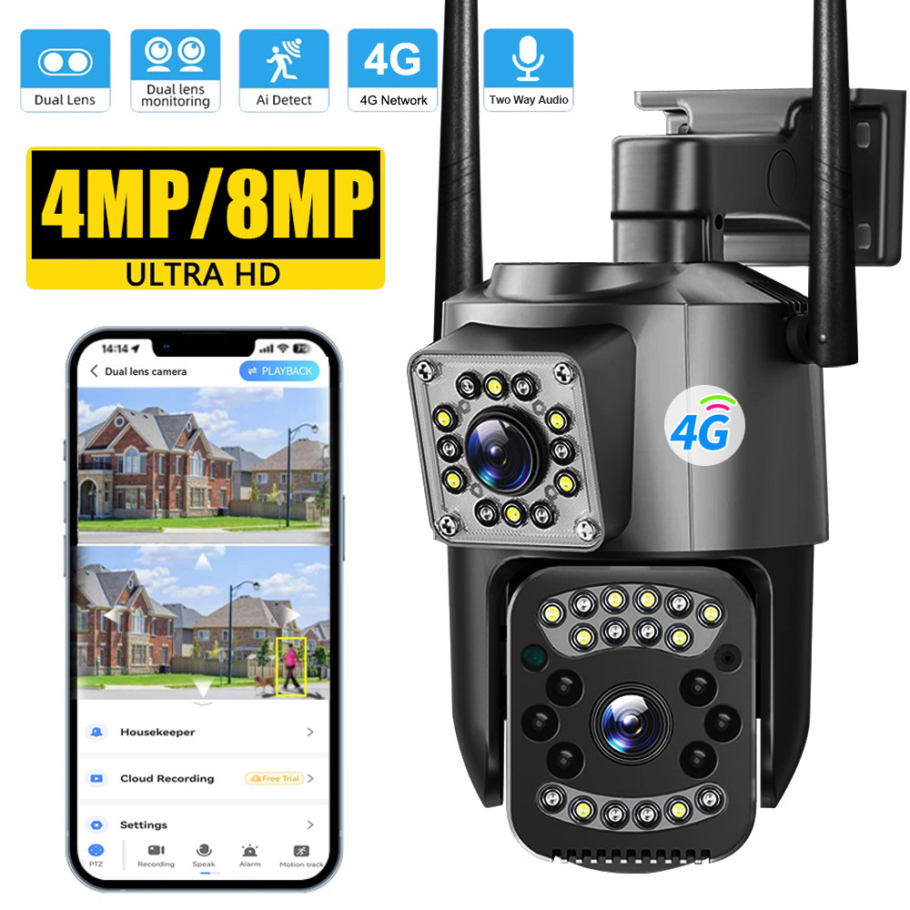 Jual 4G Sim Card Camera 8MP 4K Dual Lens Outdoor PTZ IP Cameras Night ...