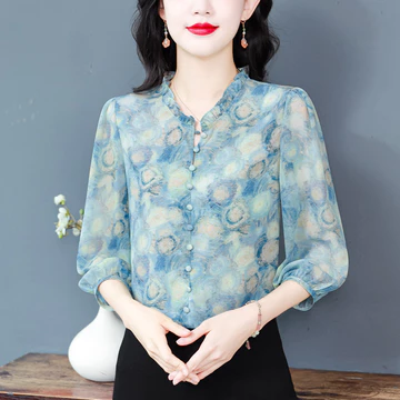 Bebovizi Blus Lengan 3 4 Korea Fashion Kerja Kasual Motif Sifon Atasan Wanita