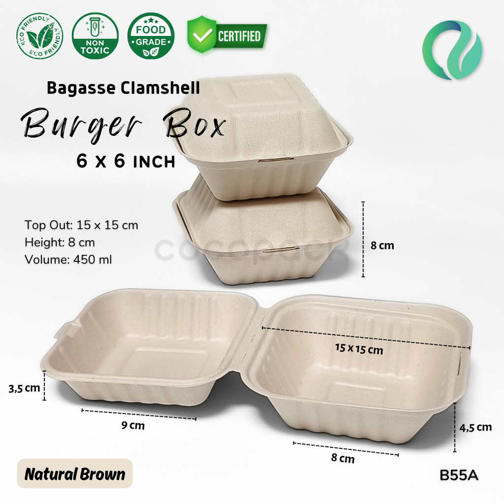 Jual (25PCS) Bagasse Clamshell 6" 450ml Burger Box Sugarcane Food ...