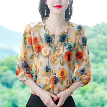 Bebovizi Blus Lengan 3 4 Korea Fashion Kerja Kasual Motif Sifon Atasan Wanita