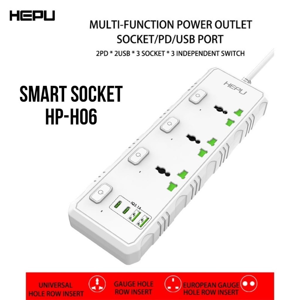 Jual HEPU Power Socket Stop Kontak Listrik HP-H06/ Fast Charger/ 3 ...