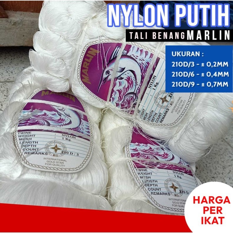 Jual BENANG NILON NYLON WARNA PUTIH MEREK MARLIN UKURAN D3 D6 D9 ...