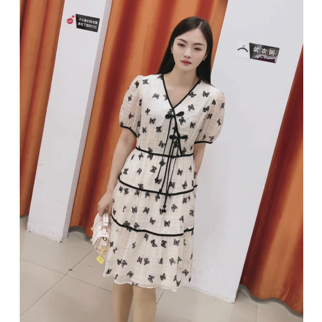 Jual FANMU Gaun gaya nasional kancing simpul Cina/rok bermotif V-neck ...