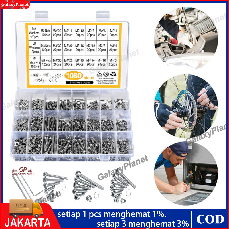 Jual 1080pcs/Set Baut Soket Mur dan Mur M2/M3/M4 Stainless Steel Hex ...