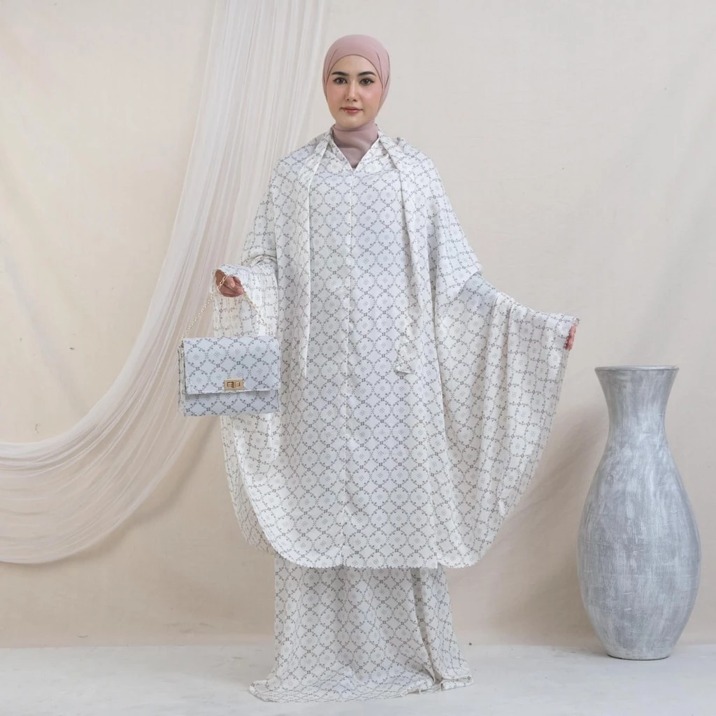 Mukena Dewasa Santorini Silk by Sitara Mukena | Kain Sutra Sutera 2 in 1 Laser Cutting Mewah Elegan | AutoStock