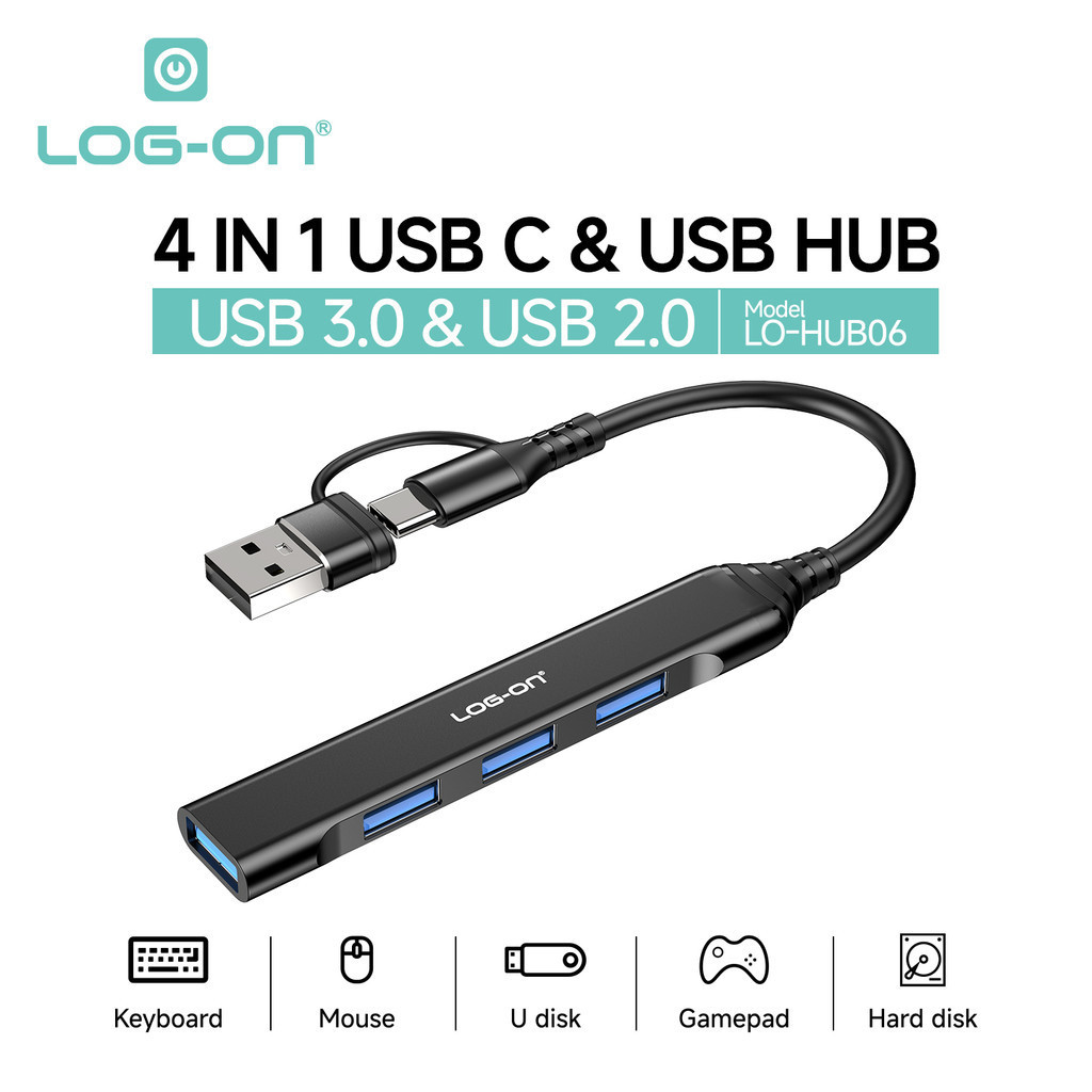 Jual LOG ON 4IN1 USB HUB TYPE-C DAN USB LO-HUB06 | Shopee Indonesia