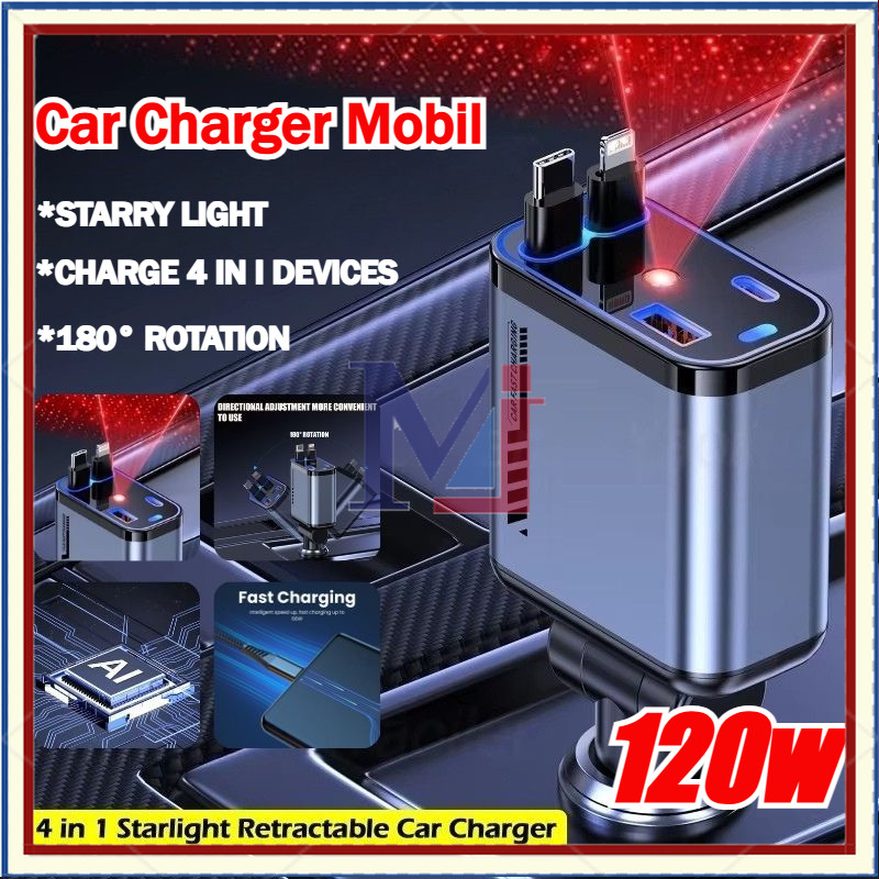 Jual [COD] 4 in 1 Car Charger Retractable LED Light PD 180° Adjustable ...